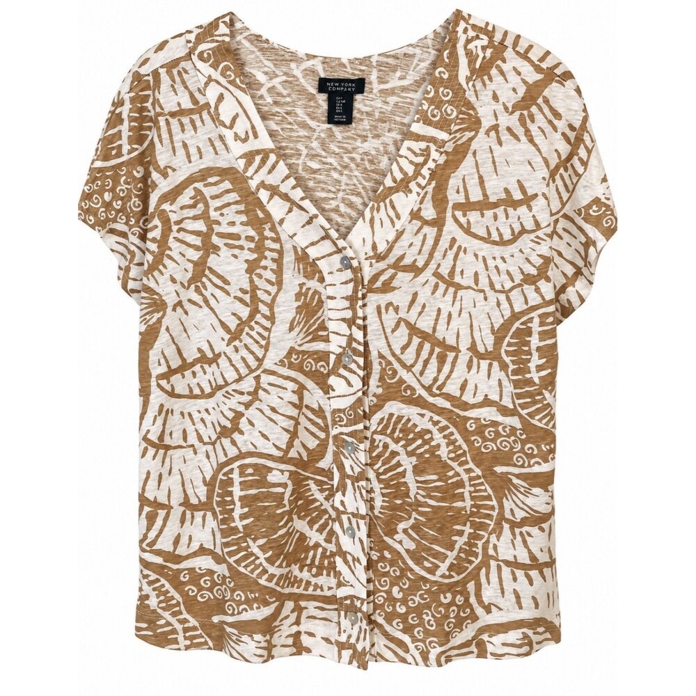 Nicole Miller NWT New York Linen Blend Shell Print Button Front Top Womens Large
